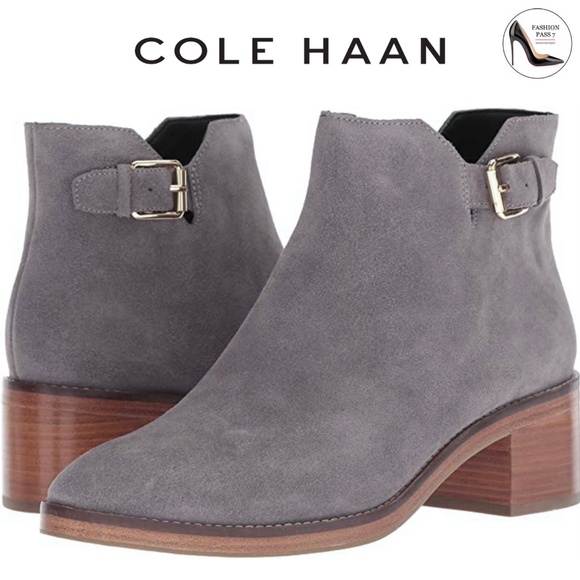 Cole Haan HARRINGTON GRAND BUCKLE Ankle Booties Gray Suede Block Heel Boots - Picture 1 of 7